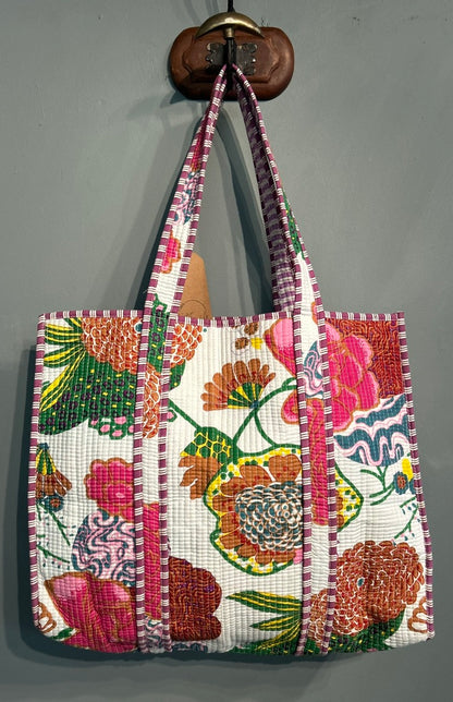 Pretty Indian Quilted Block Printed Tote Bag - Floral