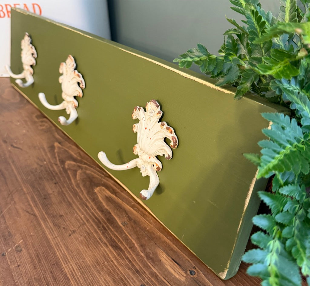 Painted Reclaimed Coat Hooks - Distressed Shabby Finish Moss Green
