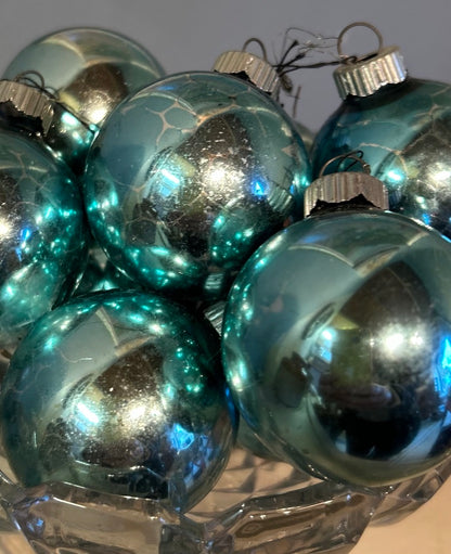 Set of 9 Glass Vintage Blue Turquoise Christmas Baubles
