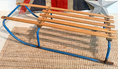 Vintage Wooden Sledge with Blue metal Frame - Great Christmas Display Prop