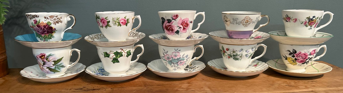Mismatched Pretty Vintage Tea Cups and Saucers ~ Job lot Set of 10