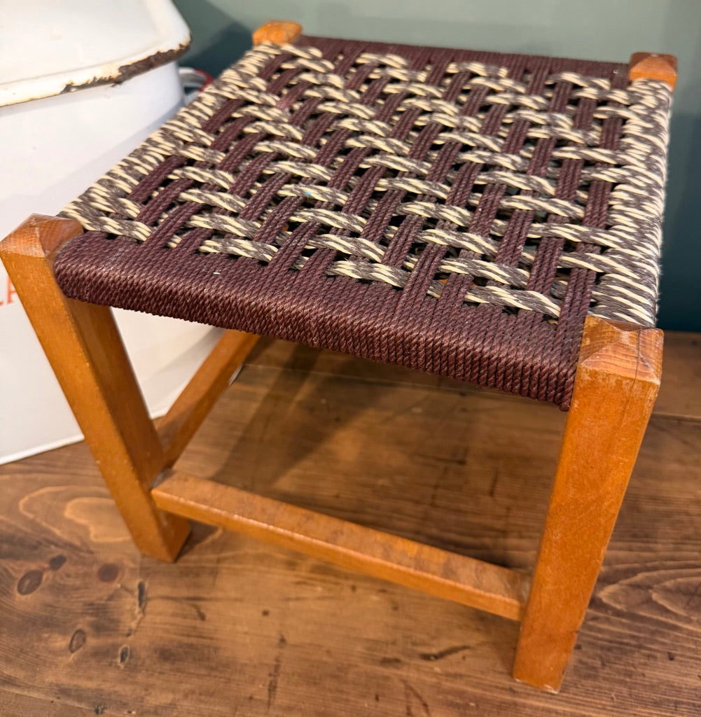 Vintage Woven Brown Rattan Stool with Rope top.