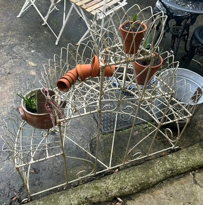Antique Wire and Cast iron White Three tiered Plant Stand