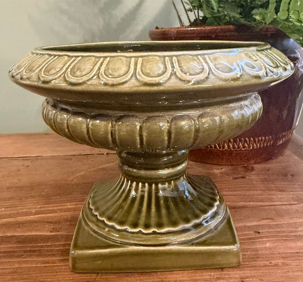 Vintage Green Pedestal Pottery Mantel Vase