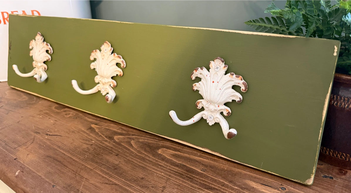 Painted Reclaimed Coat Hooks - Distressed Shabby Finish Moss Green