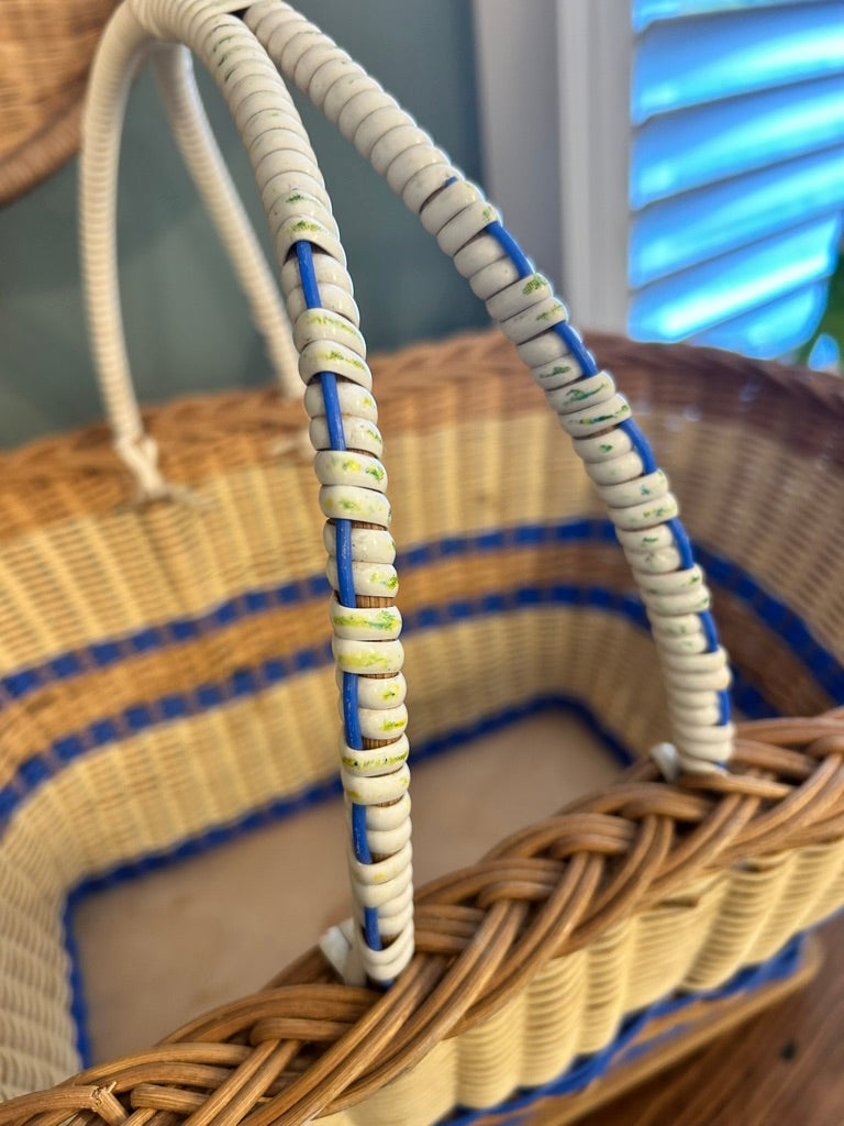 Vintage Handled Basket with Blue Stripe