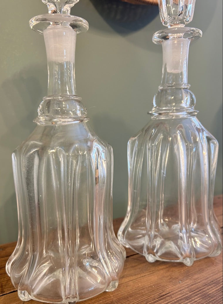 Pair of Antique Hand Blown Glass Decanters with Stoppers
