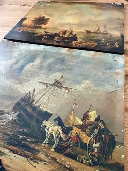 Pair of Original Oil Painting on Board Sea Scape with Ships