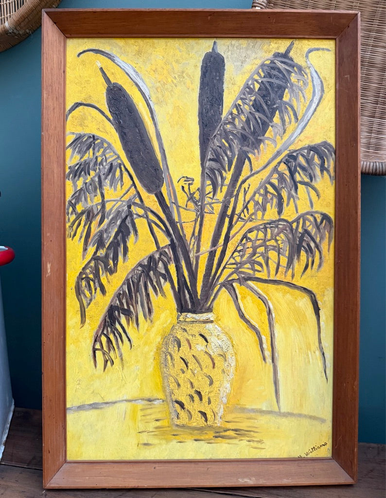 Vintage Framed Abstract Still Life Painting in Yellow