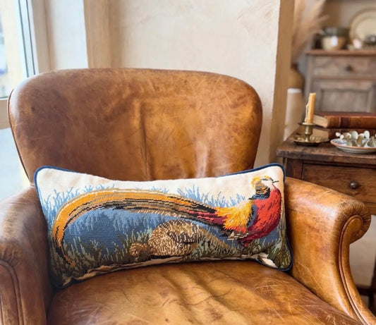 Vintage Pheasant Tapestry Upcycled Cushion - Feather Filled