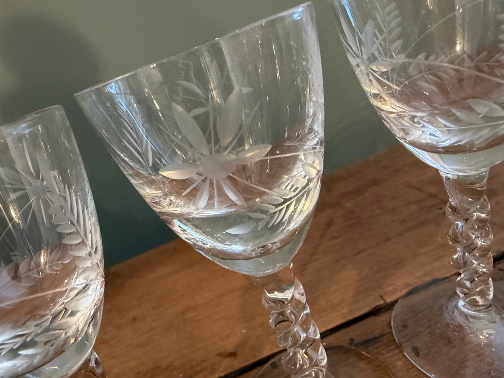 Set of 4 Antique Hand Blown Air Twist Sherry / Port Glasses