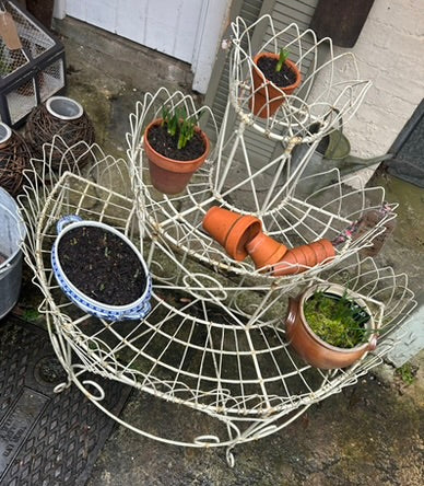 Antique Wire and Cast iron White Three tiered Plant Stand