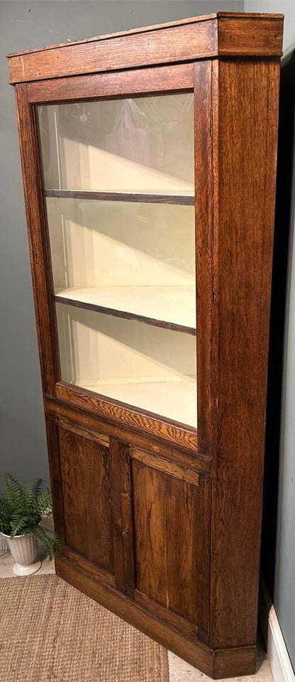 Antique Glazed Corner Oak House Keepers Cupboard