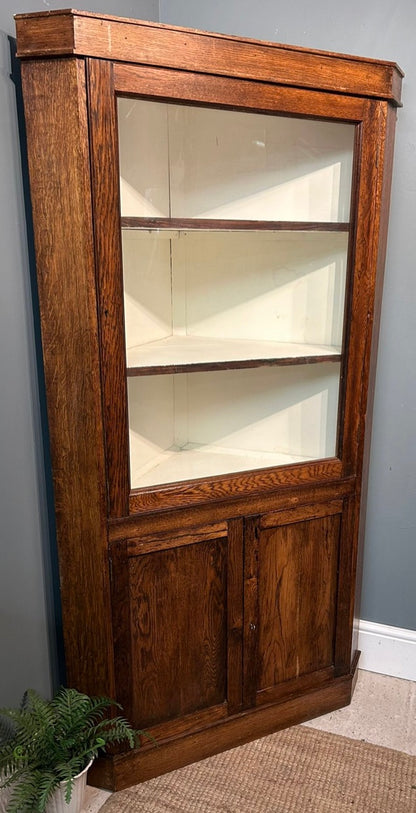 Antique Glazed Corner Oak House Keepers Cupboard