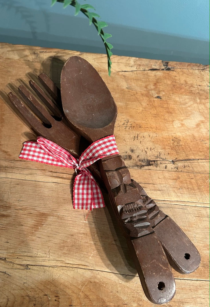 Wooden carved Vintage salad servers