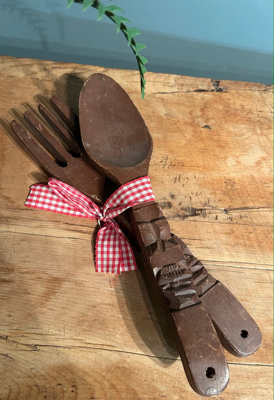Wooden carved Vintage salad servers