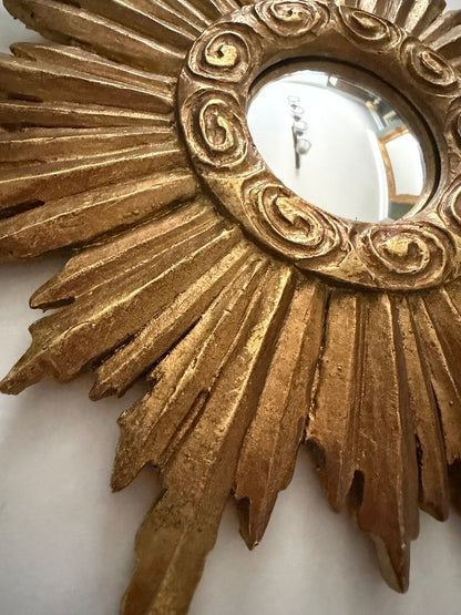 Gold Antiqued Round Port Hole Sunburst Style Frame Mirror