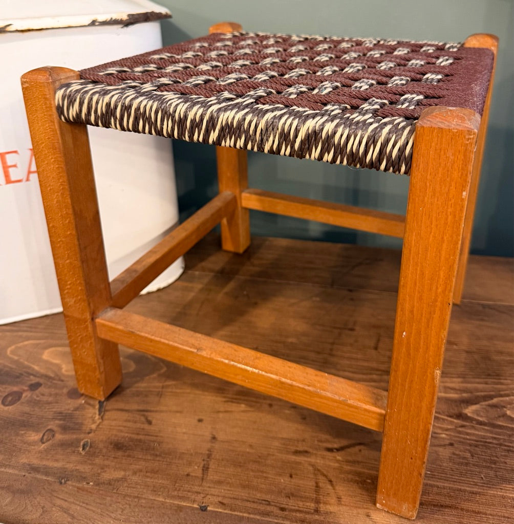 Vintage Woven Brown Rattan Stool with Rope top.