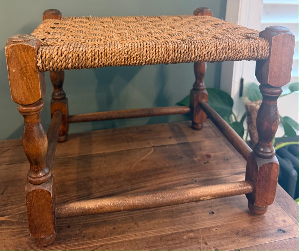 Vintage Woven Brown Rattan Stool with Rope top.