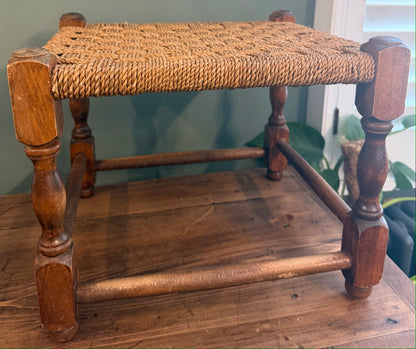 Vintage Woven Brown Rattan Stool with Rope top.