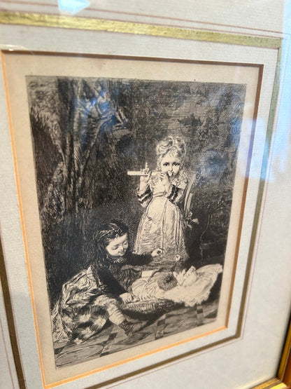 Vintage Framed Etching Proof Edition - Entertaining Baby