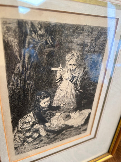 Vintage Framed Etching Proof Edition - Entertaining Baby