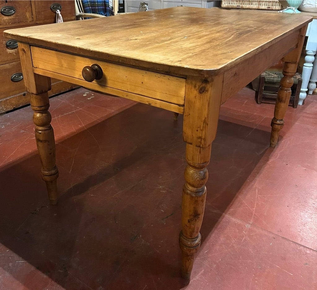 Small Vintage Rustic Pine Farmhouse Table with Drawer