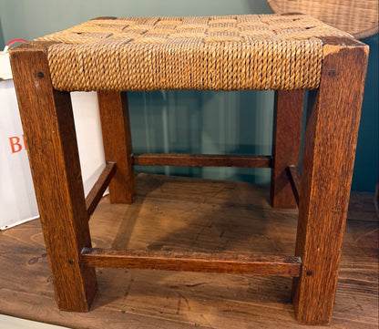 Retro Vintage Woven Brown Rattan Stool with Rope top- Straight Leg