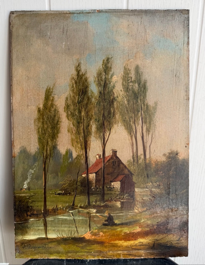 Original Oil Painting on Board Landscape Rural Scene with Cottage