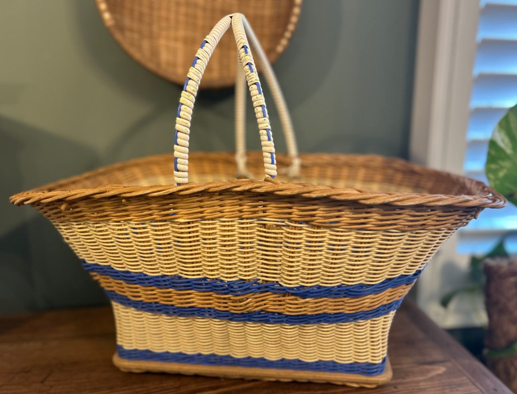 Vintage Handled Basket with Blue Stripe