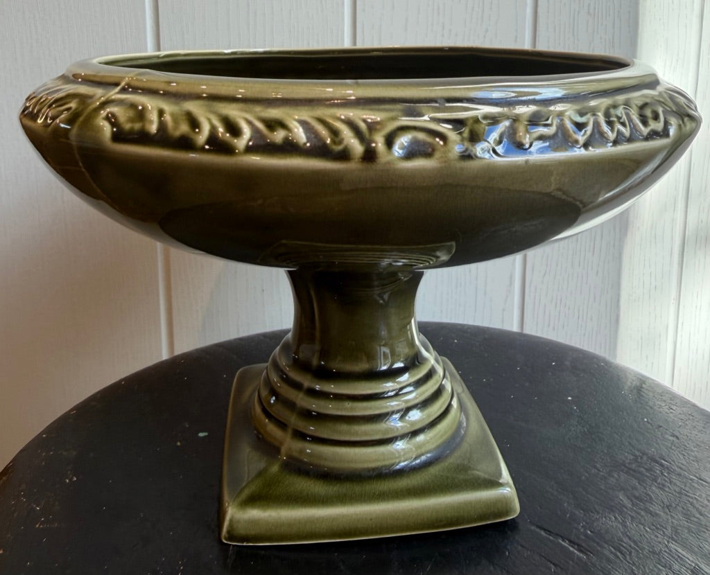 Vintage Green Pedestal Pottery Bowl by Devonway