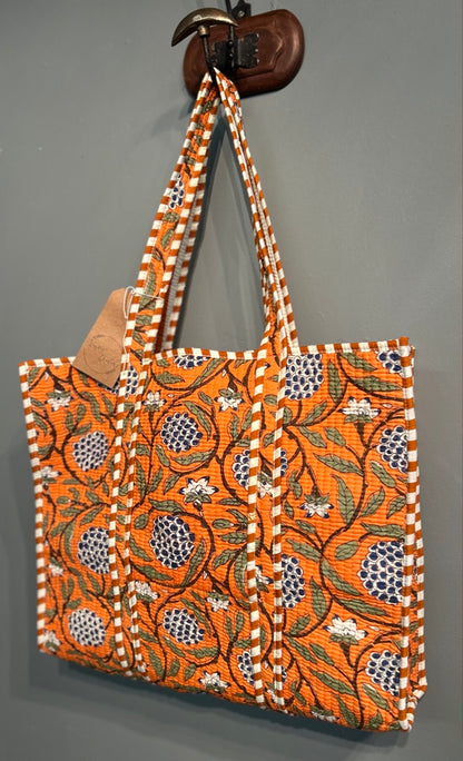 Pretty Indian Quilted Block Printed Tote Bag - Orange