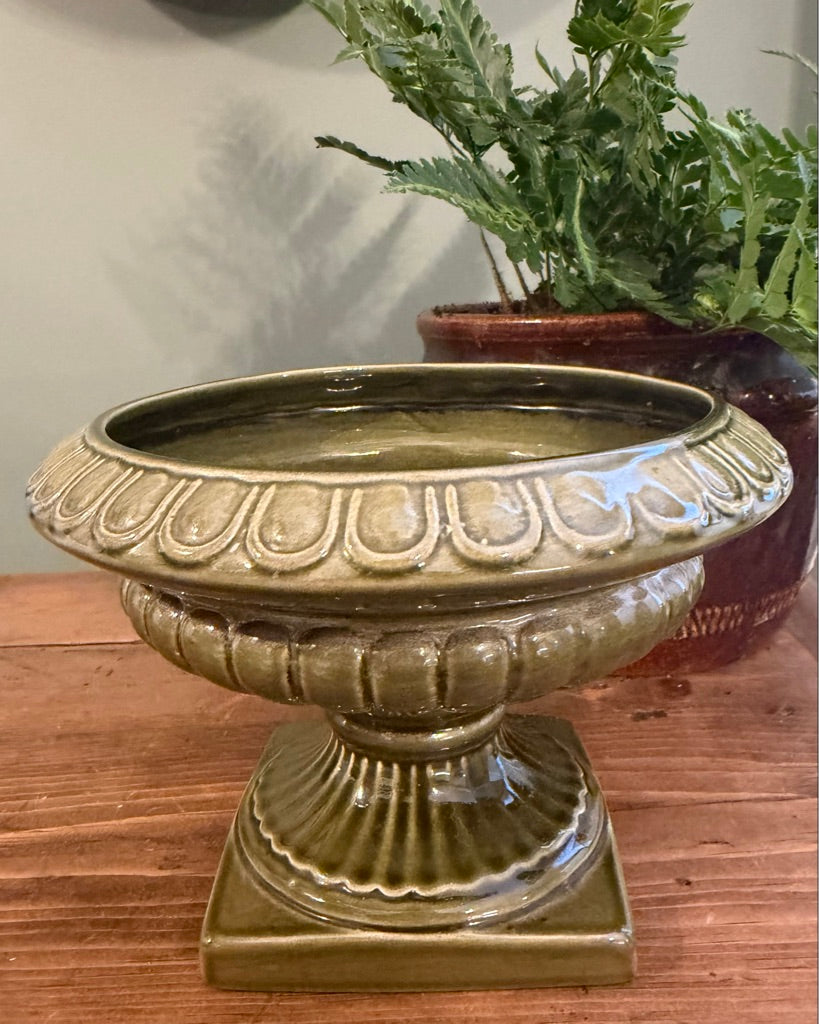 Vintage Green Pedestal Pottery Mantel Vase