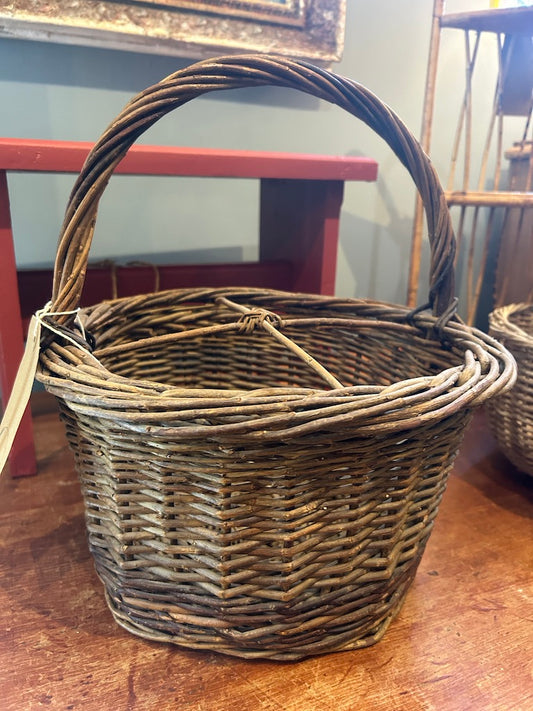 Vintage French Round Wicker Handled Bottle Basket