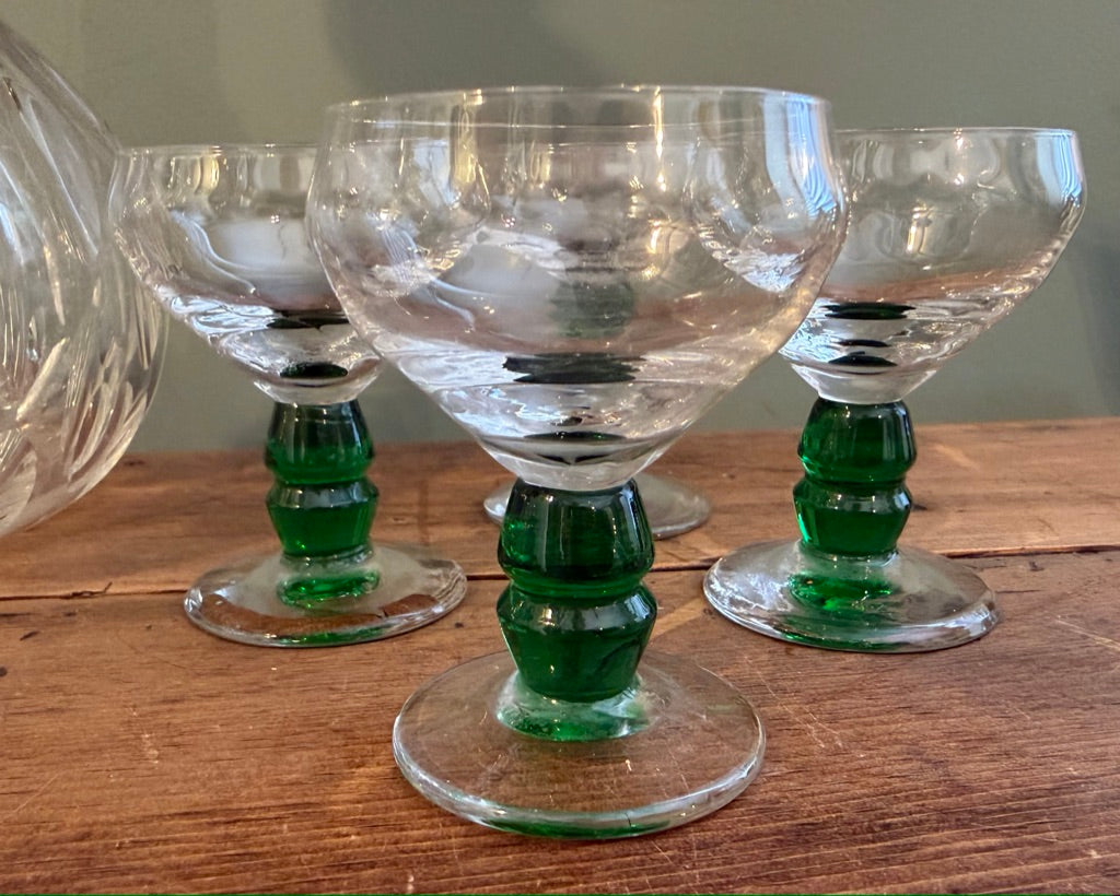 Set of 4 French Vintage Green Stem Sherry / Port Glasses