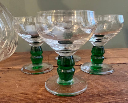 Set of 4 French Vintage Green Stem Sherry / Port Glasses