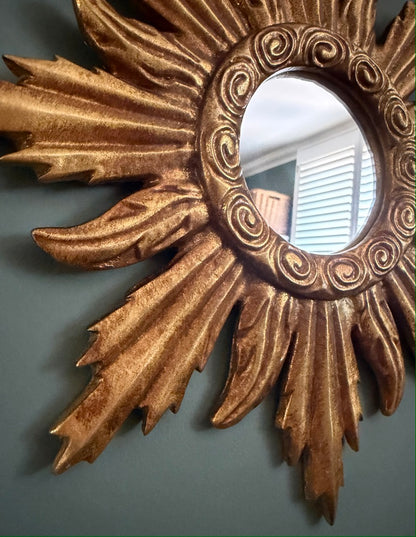 Gold Antiqued Round Port Hole Style Sunburst Mirror - Medium
