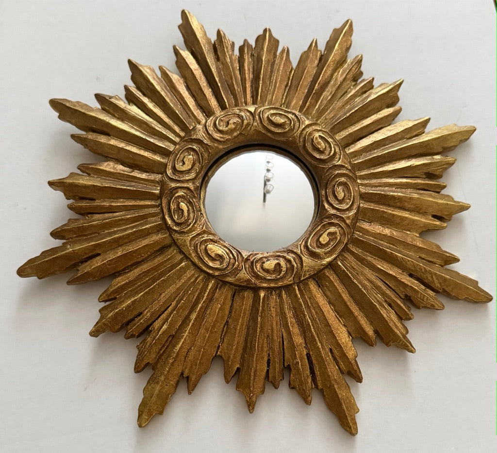 Gold Antiqued Round Port Hole Sunburst Style Frame Mirror
