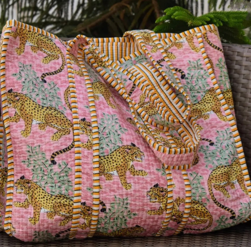 Pretty Quilted Block printed Tote Bag. - Pink Leopard