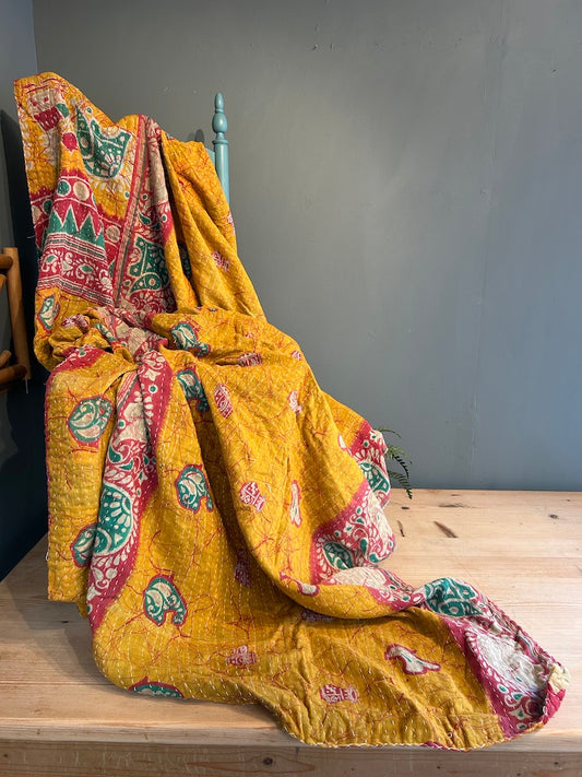 Vintage Indian Kantha Quilted Blanket - Double sided.
