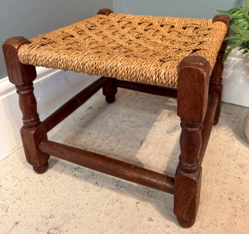 Vintage Woven Brown Rattan Stool with Rope top
