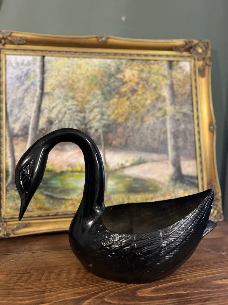 Vintage Mid Century Painted Black Swan Planter Pot