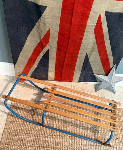 Vintage Wooden Sledge with Blue metal Frame - Great Christmas Display Prop