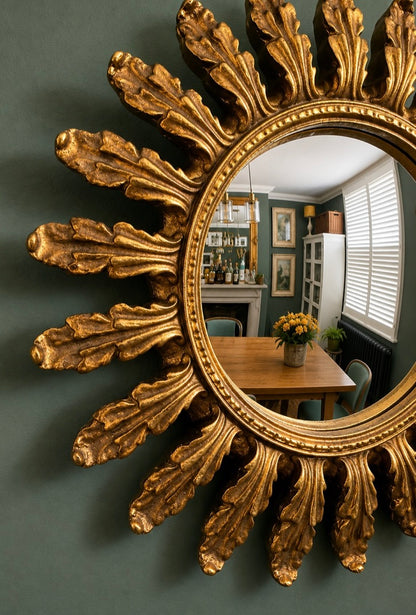 Gold Antiqued Round Single Sunburst Ornate Style Frame Wall Mirror