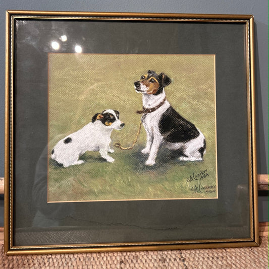Vintage Original Framed Pastel of Jack Russells