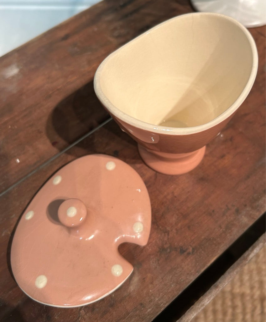 Vintage Pink and White Spotty Lidded Jam Pot