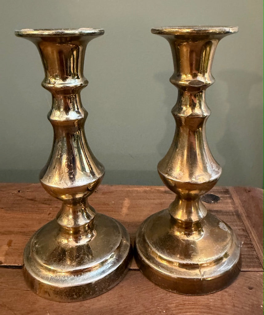 Small Pair of Vintage Brass Candlesticks - Round base