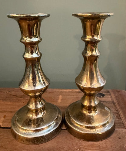 Small Pair of Vintage Brass Candlesticks - Round base