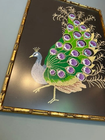 Vintage Framed Tapestry of a Peacock