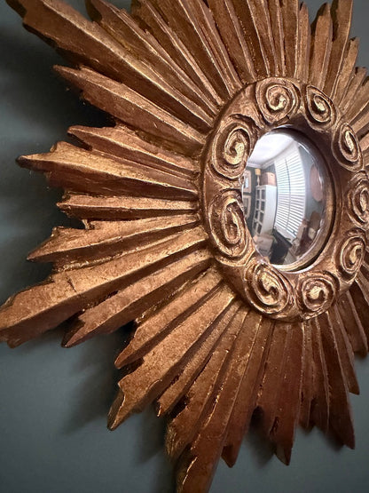 Gold Antiqued Round Port Hole Sunburst Style Frame Mirror